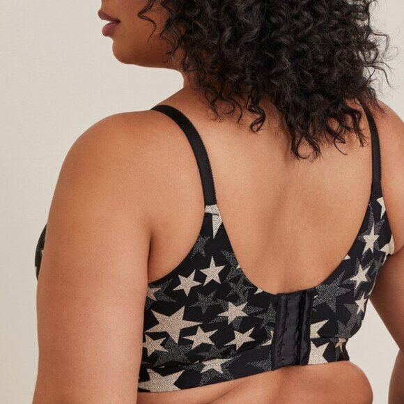 Torrid Curve Dream Wire-Free Bra Black Gold Star Print Size 44DDD 44F Longline - Picture 3 of 7